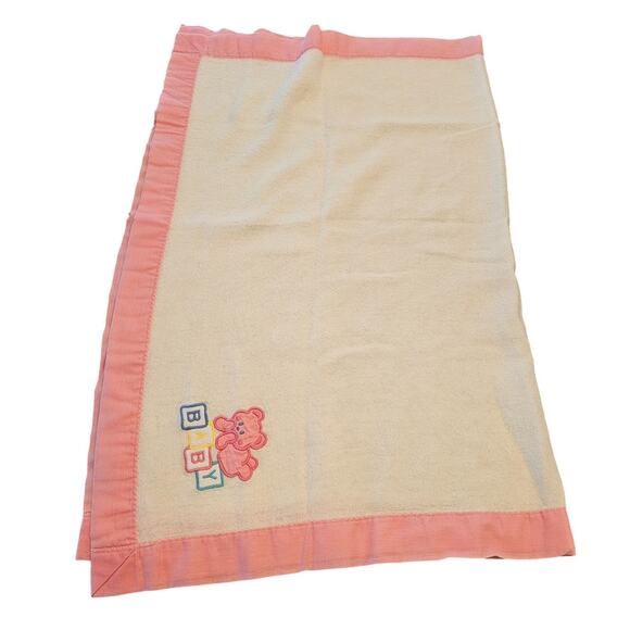 Vintage Cuddle Time Baby Girls Crib Blanket White w/ Pink Satin Trim Teddy Bear - Picture 1 of 4